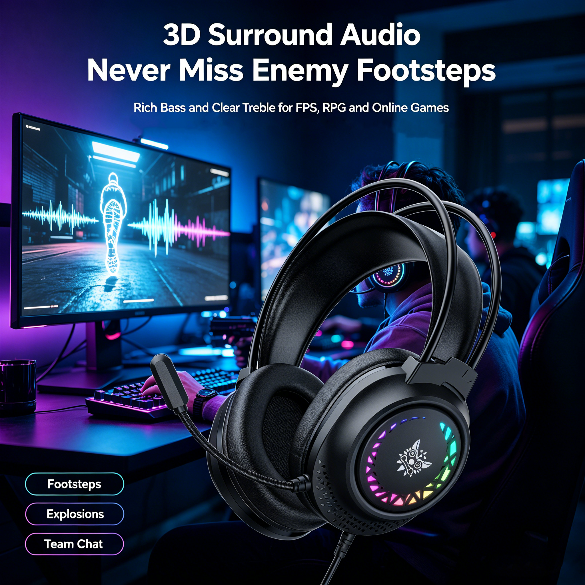 Gaming Console Headset - ONIKUMA wired gaming headset RGB, 3D